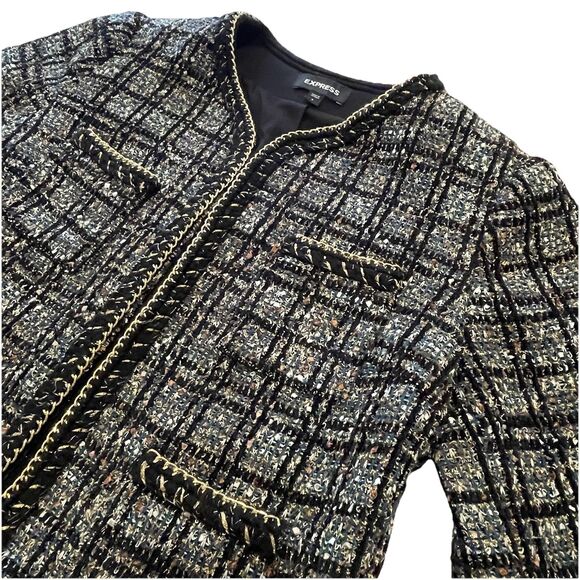 Express Metallic Plaid Tweed Jacket with Gold Chain Detail Classic Old Money-S - Picture 2 of 12